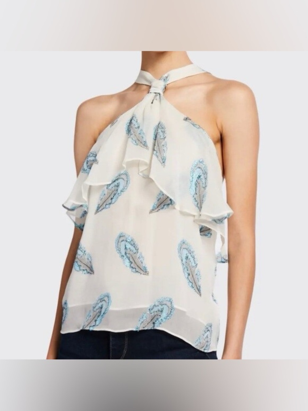 NWT Ramy Brook Aviana Silk Ruffle Halterneck Knot Ivory Blouse, Size M